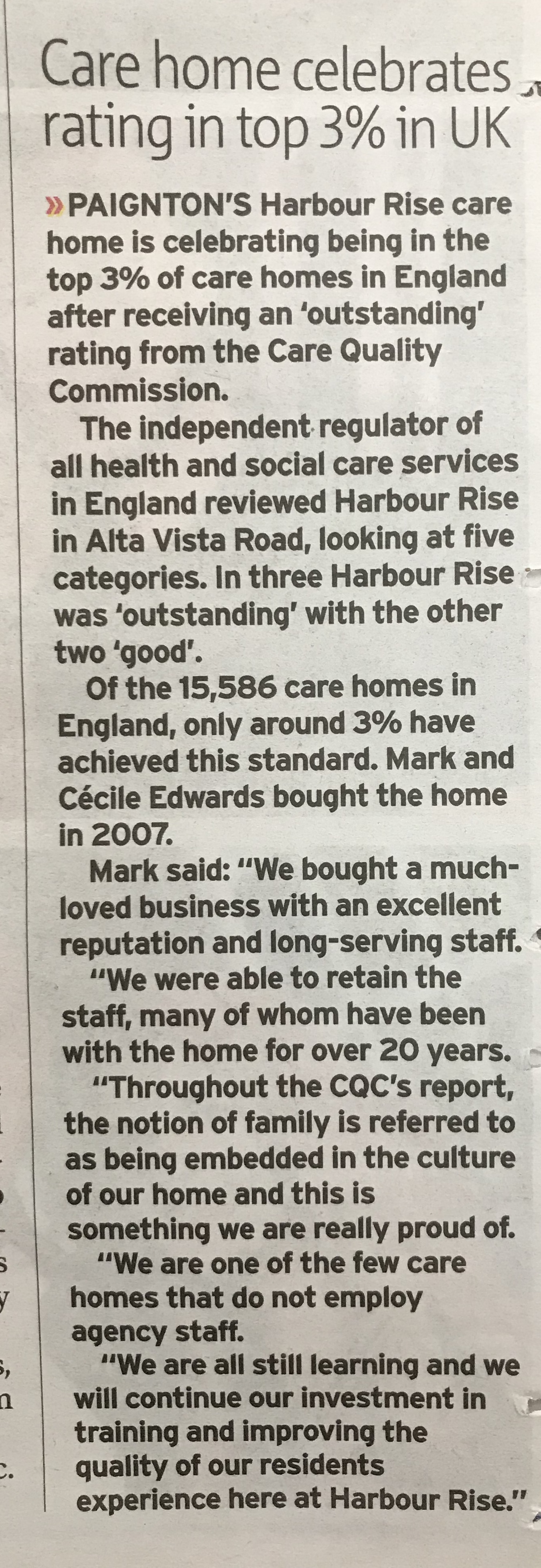 Care home celebrates rating in top 3 in UK Harbour Rise