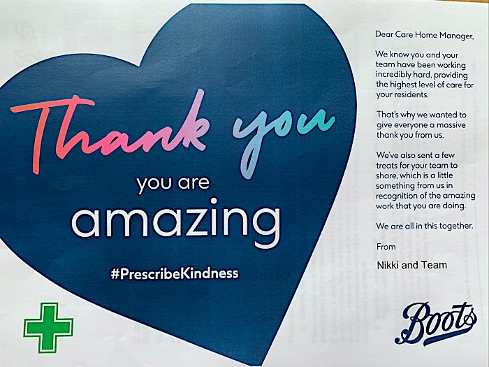 Treats for us this week: thanks to Dorothy’s family, Boots Pharmacy Team and Reg.